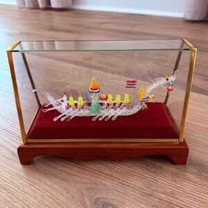 Vintage Thai Hand Blown Glass Royal Barge Ship in Display Case Dragon Prow